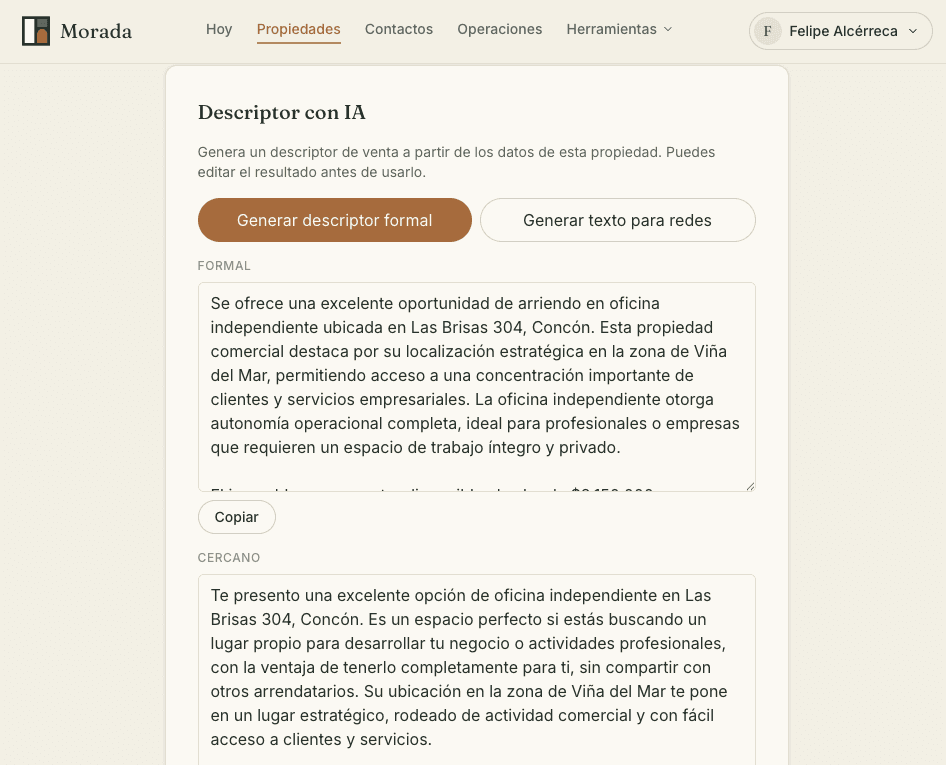 Descriptor con IA de Morada generando la descripción de una propiedad